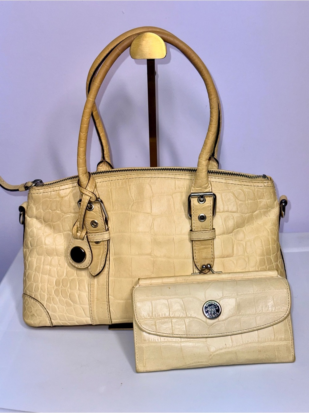 Dooney & Bourke Cream Croc-Embossed Shoulder Bag with Matching Wallet